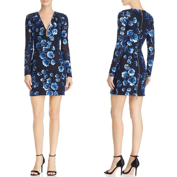 NWT Bronx and Banco Sapphire Sequined Floral Long Sleeve Mini Dress Sz. 6 - Picture 1 of 4